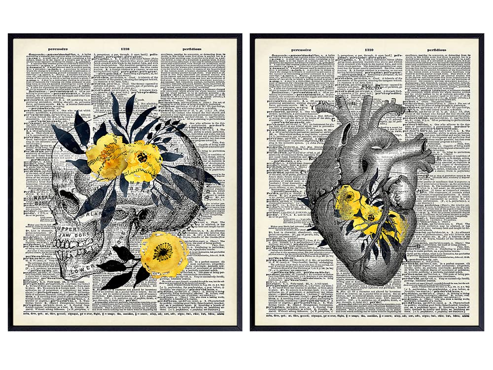 Vintage Floral Heart, Skull, Dictionary Wall Art Set - 8x10 Photo Picture - Shabby Chic Gift for Dr, Doctor, Nurse, PA, Med Student - Home, Wall or Room Decor, Decoration for Medical Clinic, Office