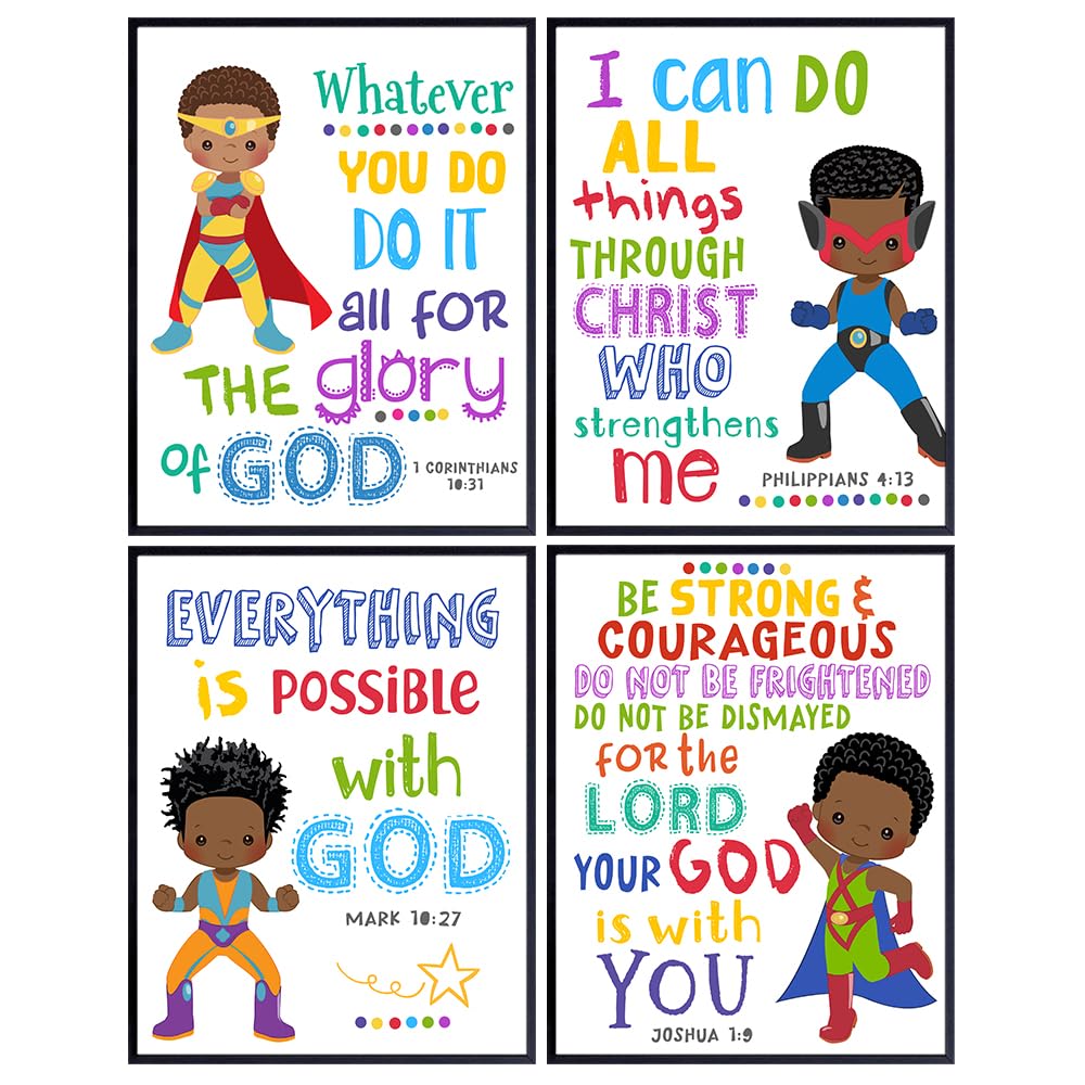 Christian Gifts for Boys - Black African American Boys Room Decor - spiritual Wall Art - Scripture Decor - Bible Verse Decor - Inspiration Quotes - Kids Bedroom Decorations -Yellowbird Art &amp; Design