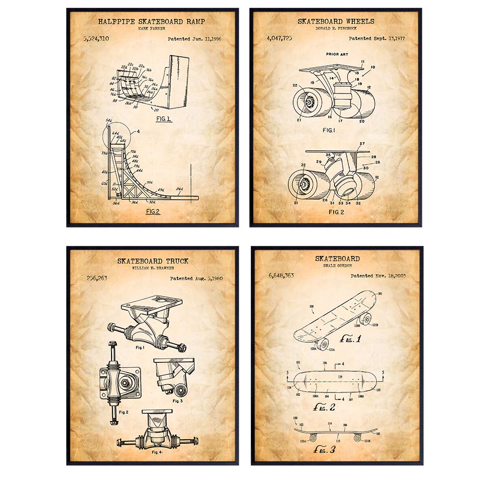 Skateboarding Art - Patent Wall Decor Poster Set - Home or Apartment Decoration for Kids or Boys Bedroom, Game or Living Room - Cool Gift for Skateboarders, Skateboard Fans - Picture, Photo, Prints