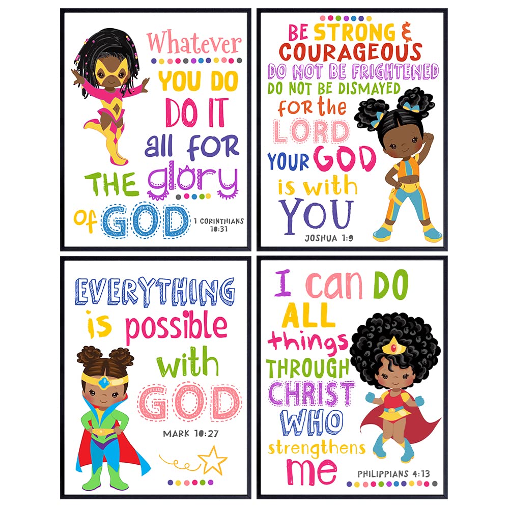 Christian African American Wall Art for Black Girls - Black Religious Wall Decor for African American Girls - Kids Bedroom, Girls Room Decor - Scripture Bible Verse Wall Art - Inspirational Quotes