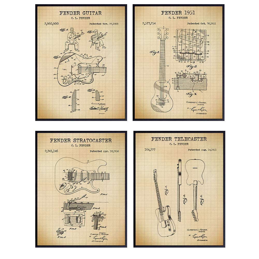 Guitars Patent Art Prints - Vintage Wall Art Poster Set - Chic Rustic Home Decor for Bedroom, Game Room, Rec Room, Play Room, Man Cave, Den, Office - Gift for Musicians - 8x10 Photos - Unframed