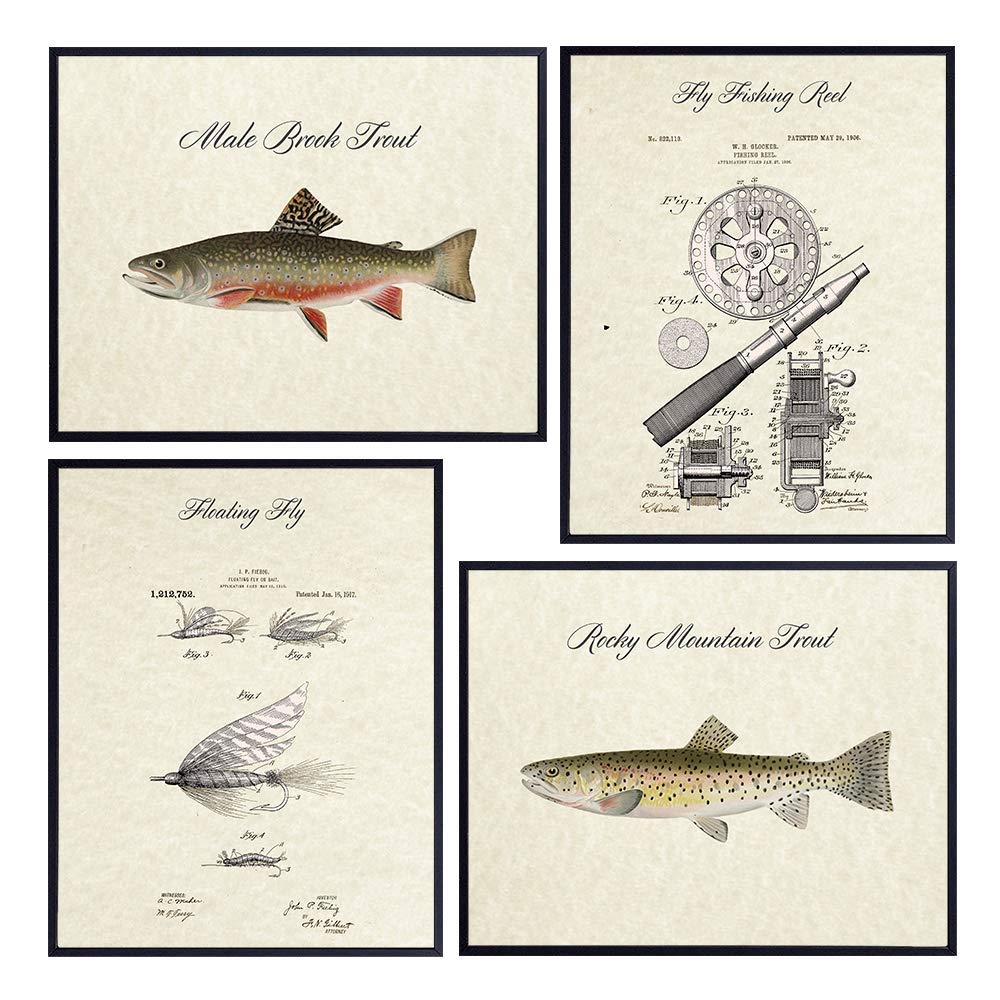 Trout And Fly Fishing Unframed Wall Art Prints - Set of Four - Great For Fishermen, Home Decor or Gifts - Ready to Frame (8X10) Vintage Photos