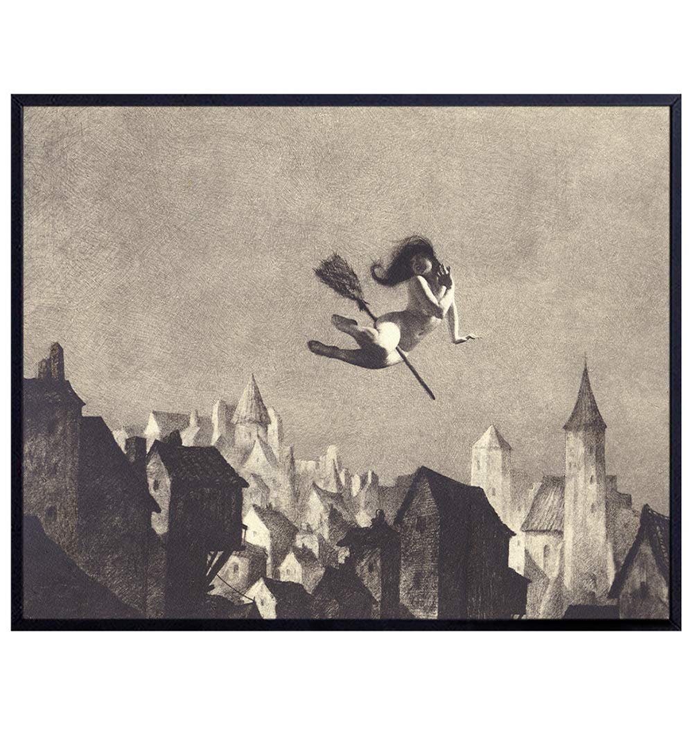 Flying Witch Decor - Wiccan Wicca Decor - Pagan Decor - Paganism, Black Magic, Witchcraft Supplies - Gothic Decorations - Goth Wall Decor - Vintage Halloween Scary Creepy Wall Art Prints - 8x10