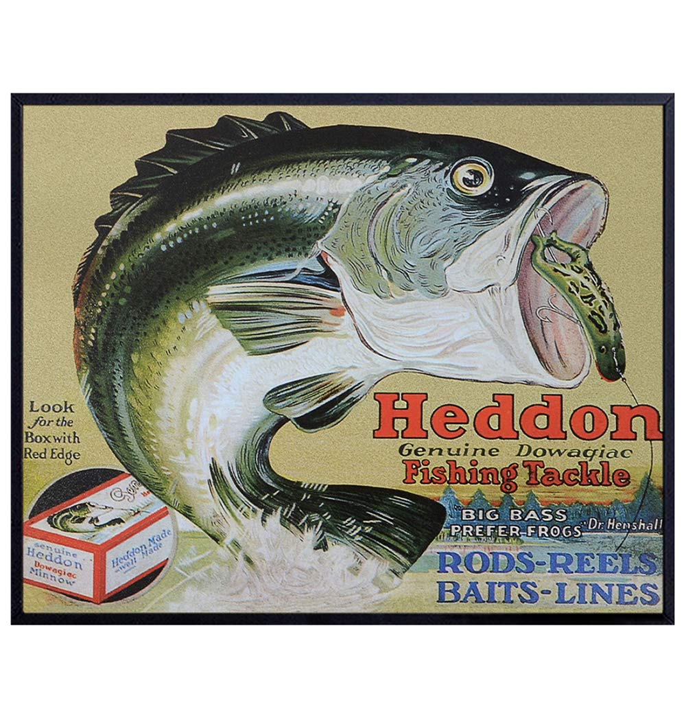 Fishing Wall Decor - Fish Decorations - Fish Wall Decor Poster - Bass Lures - Bass Fishing Gifts for Men - Heddon Lures - Vintage Fishing Lures Wall Art - Lake Beach House Decor