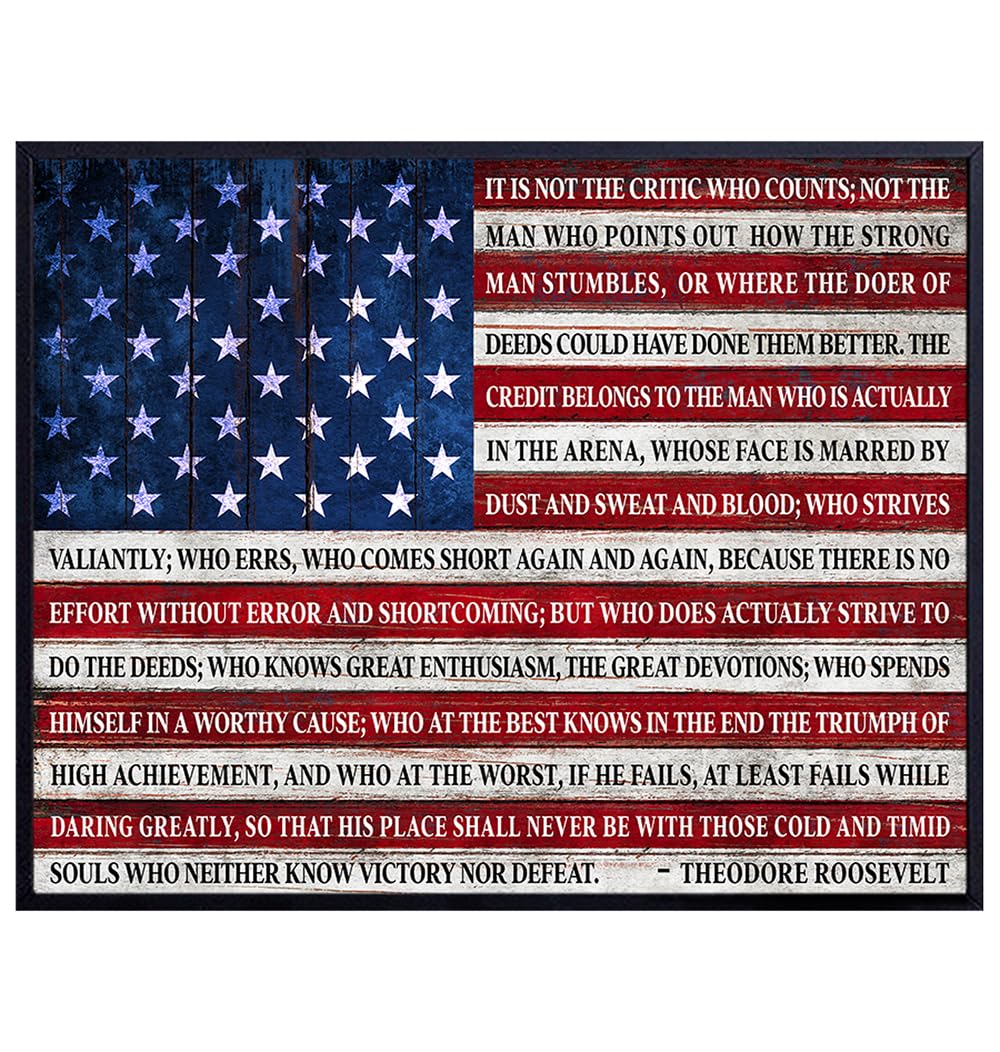 American Flag Wall Art &amp; Decor LARGE 11x14 - Courage Teddy Roosevelt Quote - Inspirational Patriotic Motivational poster - positive Quotes - Gift for Veteran Day, United States Military, Army, Navy