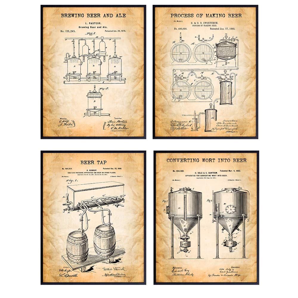 Beer Brewing Patent Art Prints - Vintage Wall Art Poster Set - Chic Modern Home Decor for Den, Kitchen, Man Cave, Office - Great Gift for Men, Home Brewing,Brew, Brewer Fans - 8x10 Photo - Unframed