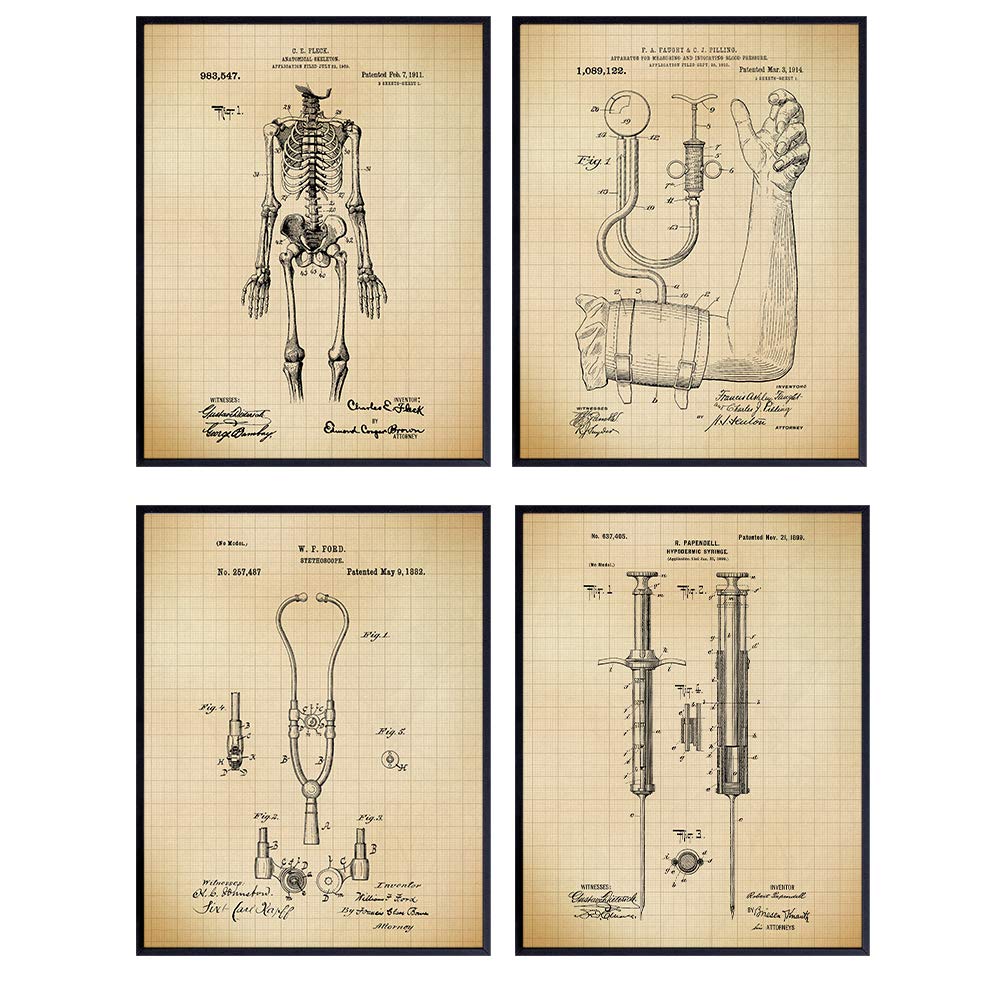 Medical Doctor Patent Art Prints - Vintage Rustic Wall Art Poster Set - Modern Chic Home Decor for Office, Living Room, Den - Great Gift for Physicians, Internists - Four 8x10 Photos - Unframed