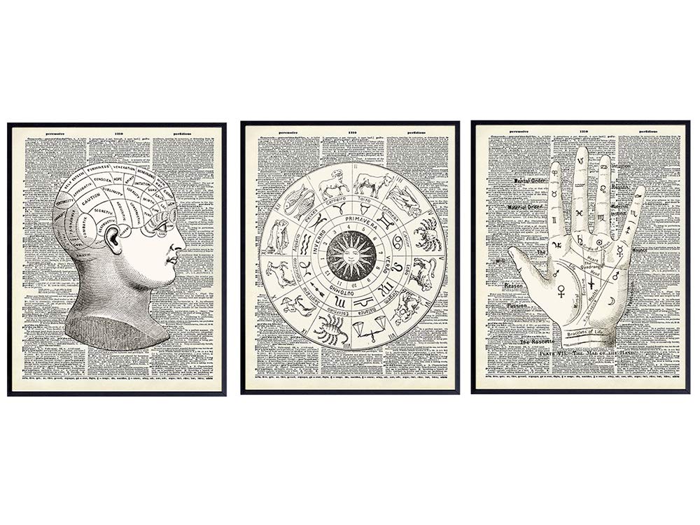 Mystical Occult Upcycled Dictionary Home Decor Set - 8x10 Vintage Wall Art - Unique Shabby Chic Gift for Astrology, Zodiac Sign, Palm Reading, Palmistry, Phrenology, Tarot Fan, Psychic, Fortune Teller