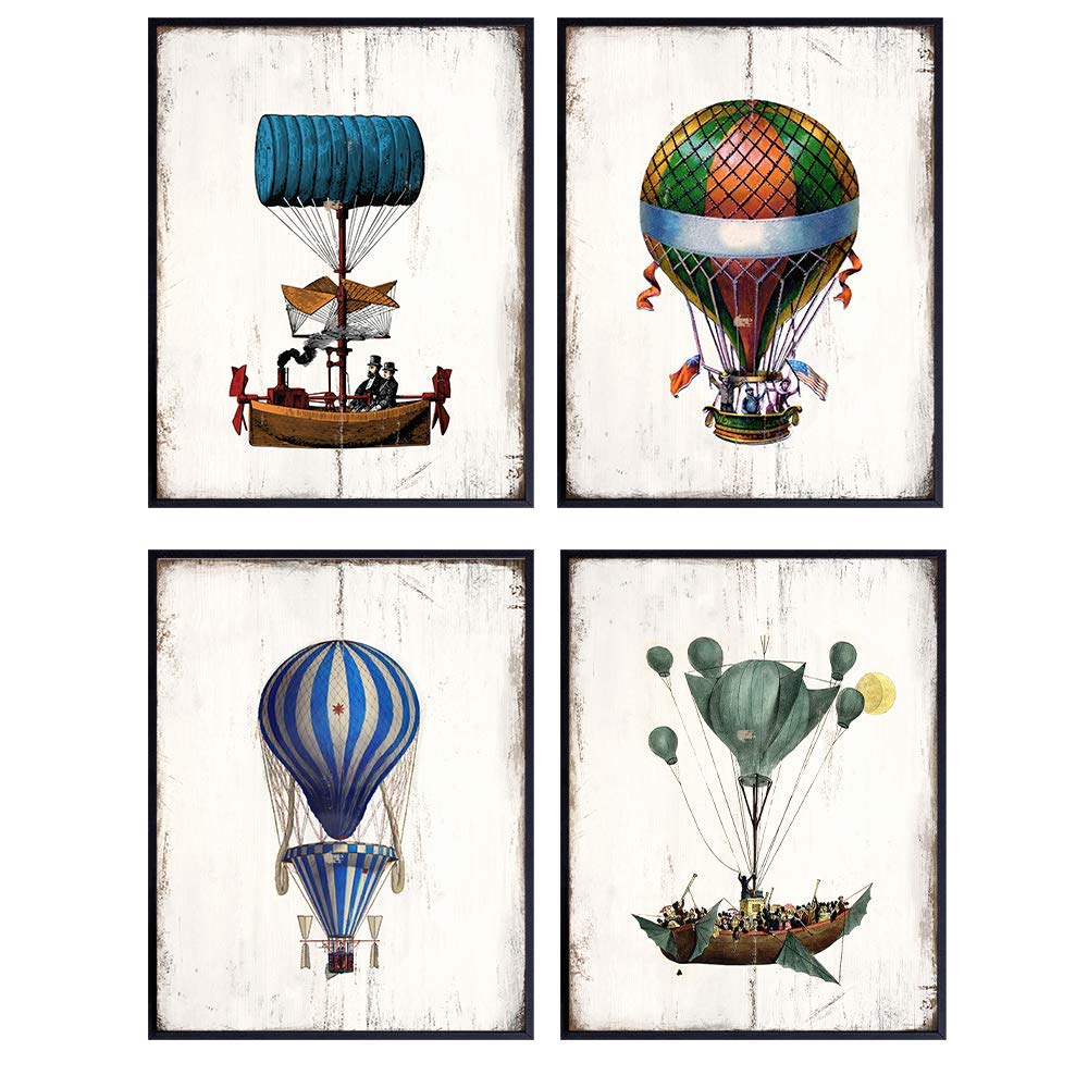 Hot Air Balloon Decorations - Dirigible Wall Art - Steampunk Decor - Goth Blimp Airship Posters for Living Room, Bedroom, Office Decoration - Cool Unique Shabby Chic Gift - 8x10 Victorian Decor Set