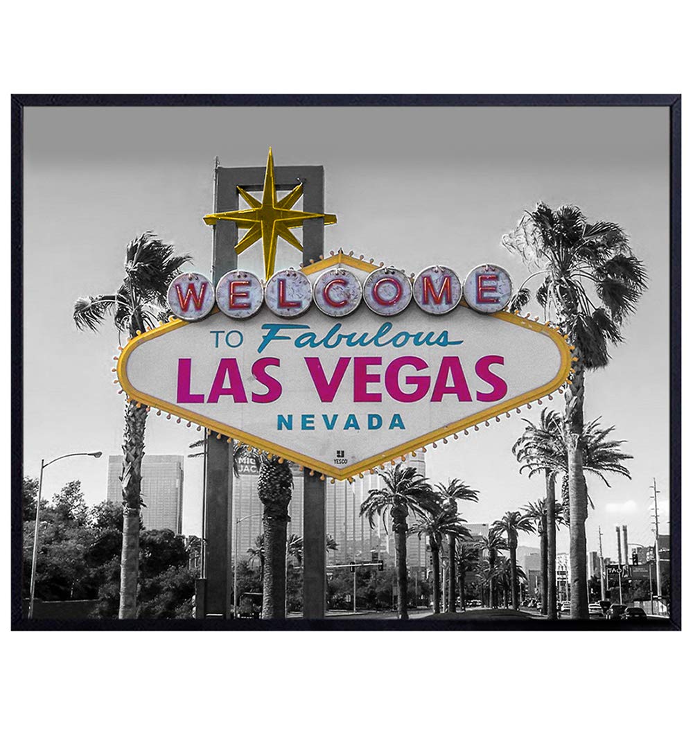 Las Vegas Skyline Wall Art - Famous Iconic Vintage Retro Welcome Sign Photo - Unique Gift for Poker, Blackjack, Slot Machine, Roulette Wheel, Craps Table, Gambling Fan, Gambler - UNFRAMED Poster