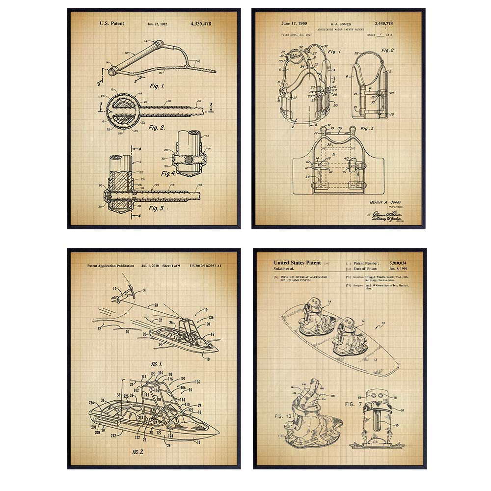 Wakeboarding Wall Art Patent Print Set - Vintage Wakeboard Home Decor for Beach or Lake House, Den, Office, Man Cave - Perfect Gift for Men, Boys, Wakeboarders and Extreme Sports Lovers - 8x10 Photos