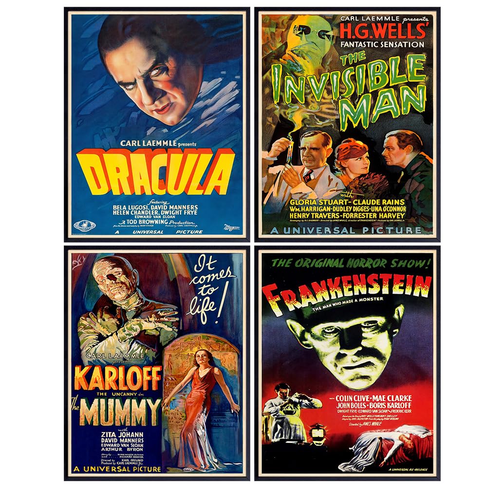 Vintage Horror Movie Poster Set 11x14 - Movie Art Print for Man Cave, Teens Room - Gothic Home Theater Wall Art Decor - Horror Movie Gifts, Horror Posters for Boys Rooms - Frankenstein, Dracula, Mummy