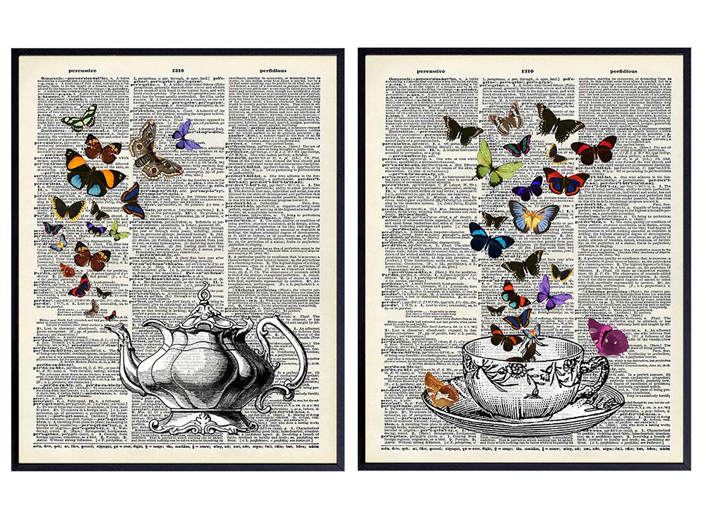 Vintage Teapot &amp; Teacup On Photos of Dictionary Page - Unframed Wall Art Prints - Set of 2 - Great Home Decor For Kitchen, Dining Room - Easy Chic &amp; Rustic Steampunk Gift -Ready to Frame (8x10) Photos