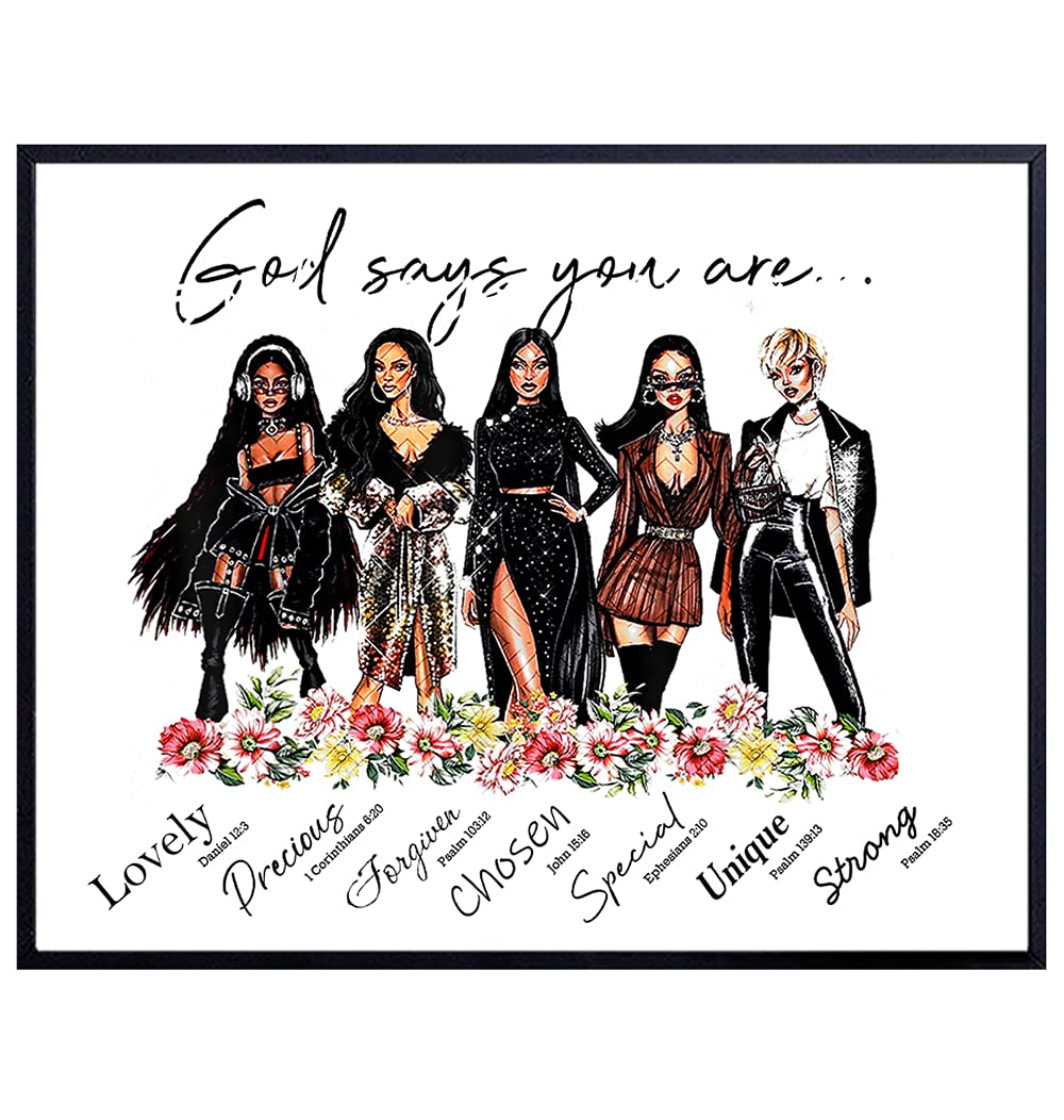 Religious African American Wall Art &amp; Decor - African American Women, Girls, Teens - Black Art - Inspirational Scriptures - Christian Encouragement Gifts for Women - Bible Verses - God Says You Are