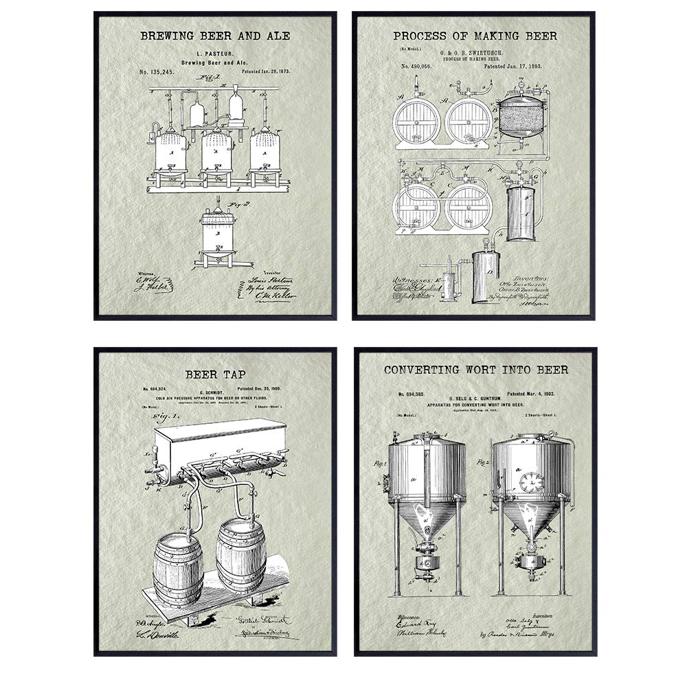 Beer Brewing Patent Art Prints - Vintage Wall Art Poster Set - Chic Modern Home Decor for Den, Kitchen, Man Cave, Office - Great Gift for Men, Home Brewing,Brew, Brewer Fans - 8x10 Photo - Unframed