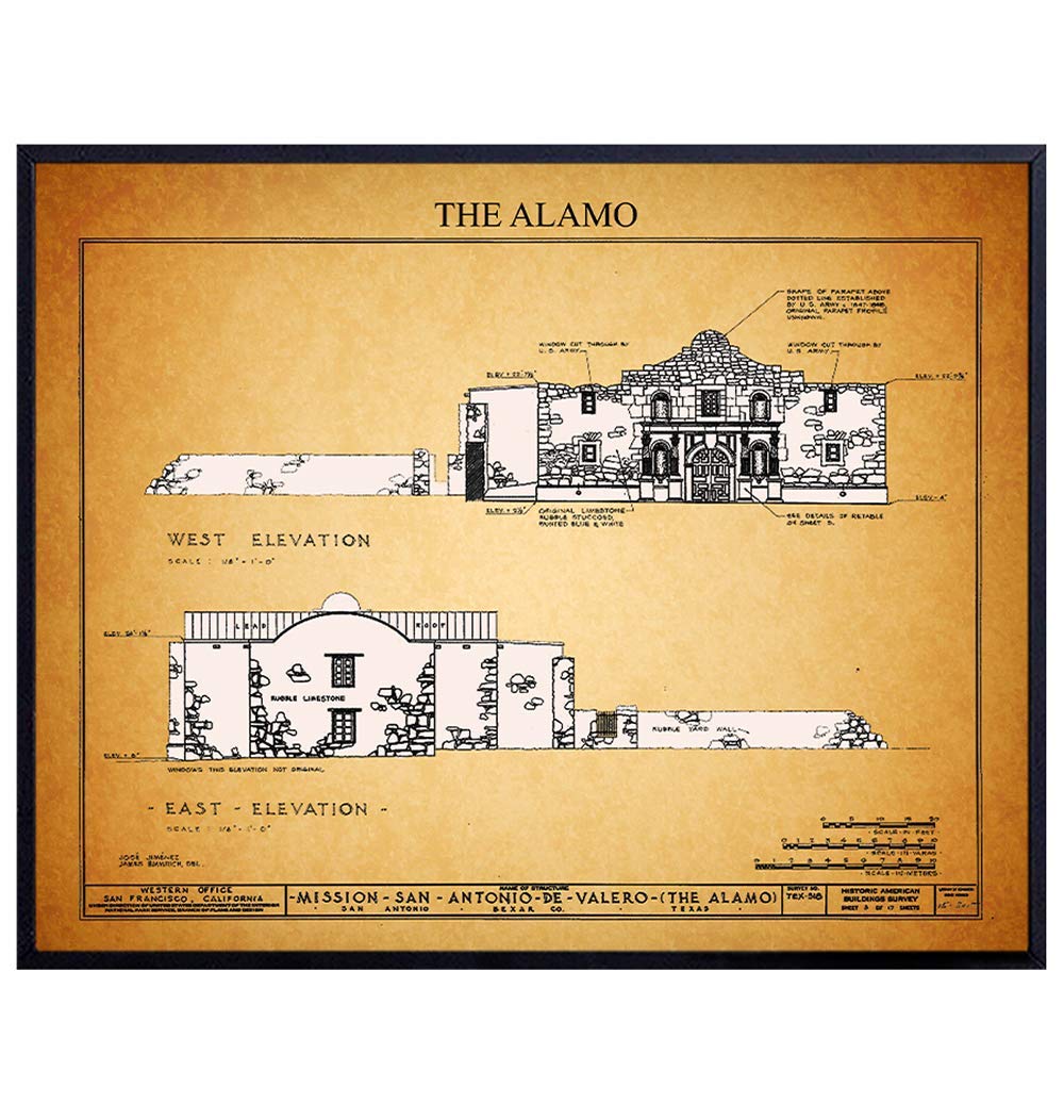 Texas Wall Decor - The Alamo - Original Vintage Survey Wall Art Decor, Home Decoration - 8X10 Historic Texas Poster Print for Living Room, Office, Man Cave - Unique Texas Gifts - Lone Star State