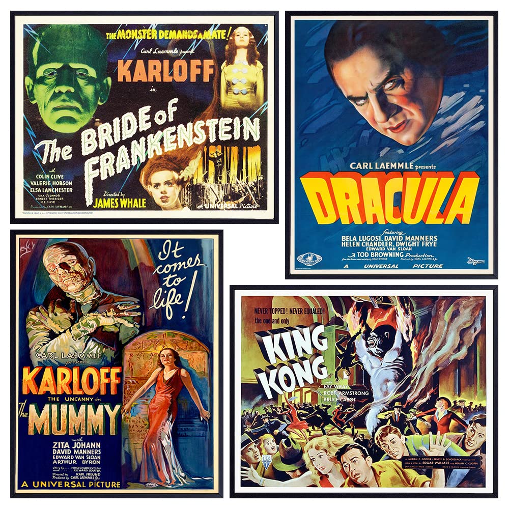 King Kong, Dracula, The Mummy, Frankenstein Horror Monster Movie Wall Art &amp; Decor - Vintage Poster Set - Creepy Classic Scary Movie Home Theater Decor - Man Cave, Boys Bedroom, Teens Room