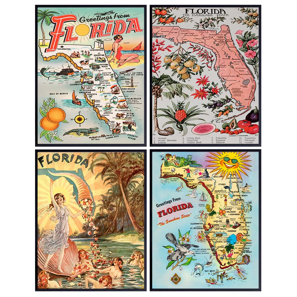 Florida Decor - Florida Tourism Tourist Map - Sunshine State Travel Poster Postcard Wall Art Print - Unique Gift for Floridians - FL Beach House, Office - Florida Wall Art - Vintage Retro Home Decor