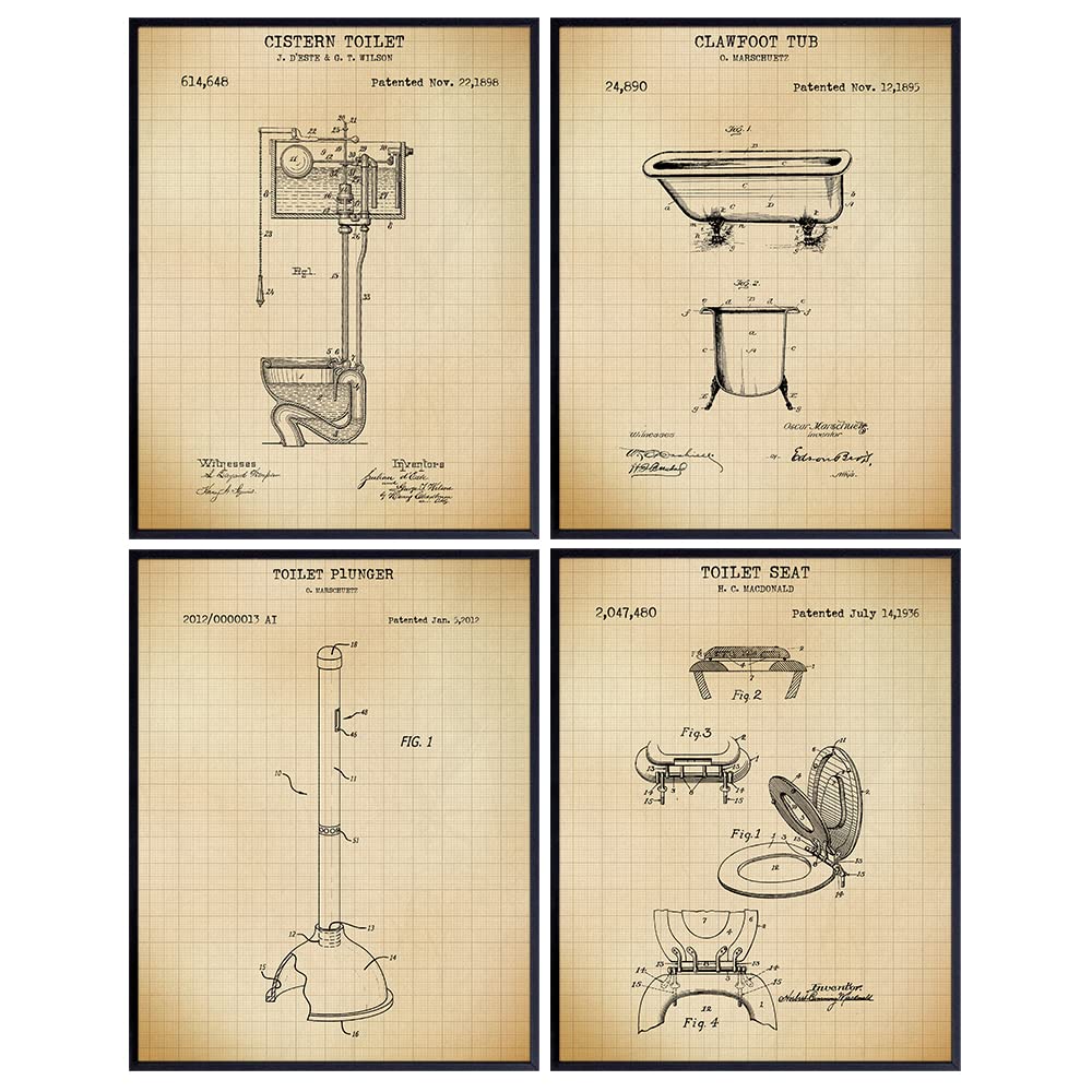 Bathroom Patent Wall Art Prints - Set of Four (8X10) Vintage Unframed Photos - Great For Restrooms, Home Decor or Gifts - Toilet, Bathtub, Plunger - Graph
