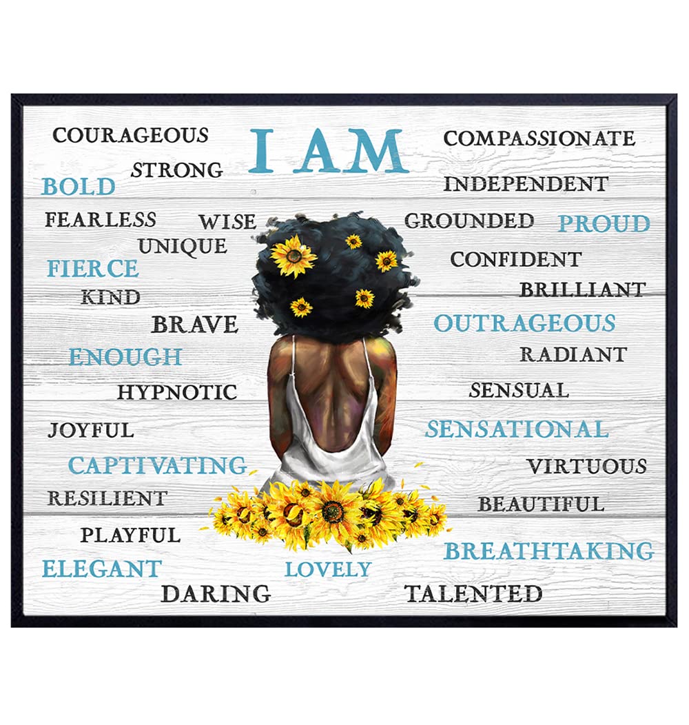 Inspirational Motivational African American Wall Art &amp; Decor - Black Women Positive Quotes - I Am Positive Affirmations Home Decor for Teen Girls Bedroom, Girls Room - Encouragement Gifts for Women