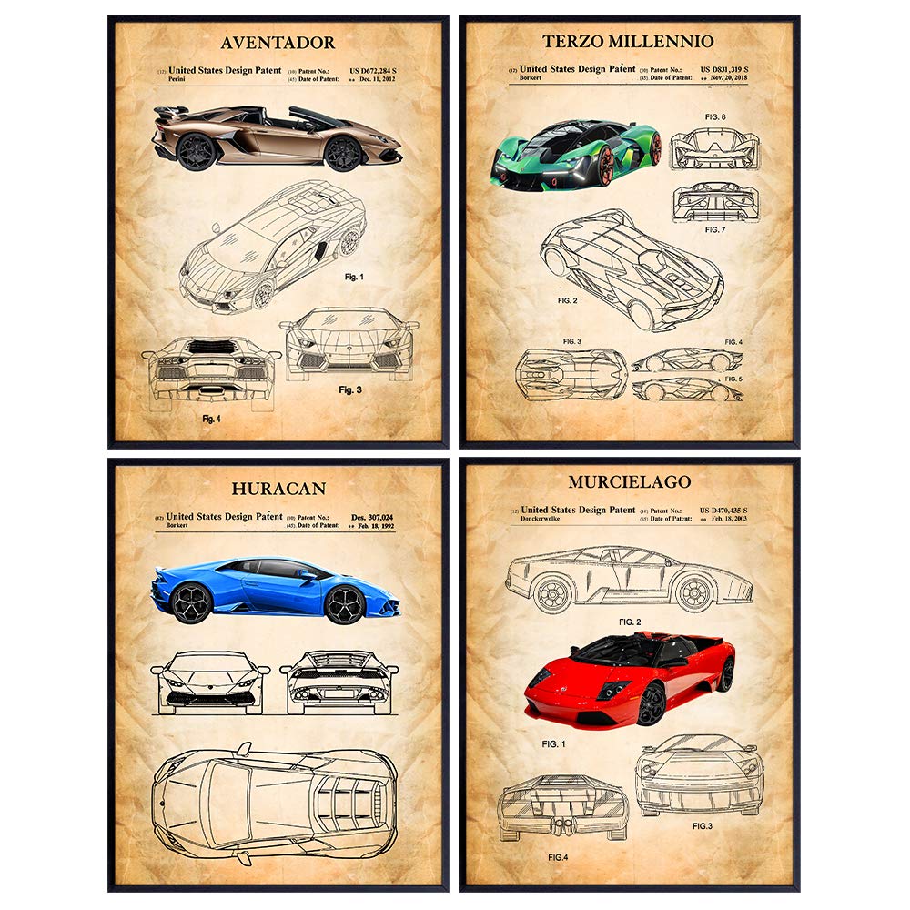 Lamborghini Aventador, Terzo Millennio, Huracan, Murcielago - Lamborghini Poster Set - Lambo Patent Prints - Cool Unique Gift for Men, Boys, Grand Prix, Nascar Fan - Sports Bar, Garage Wall Art Decor
