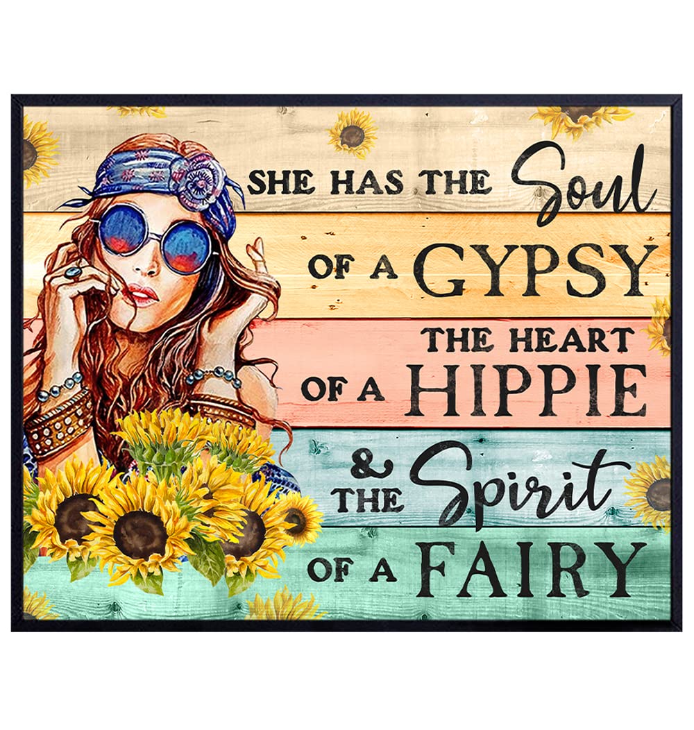 Hippie Inspirational Positive Quotes Wall Decor - Boho Encouragement Gifts for Women - Motivational Wall Art Poster - Bohemian Rustic Country Sunflower Decoration - Girls Teens Bedroom Home Office