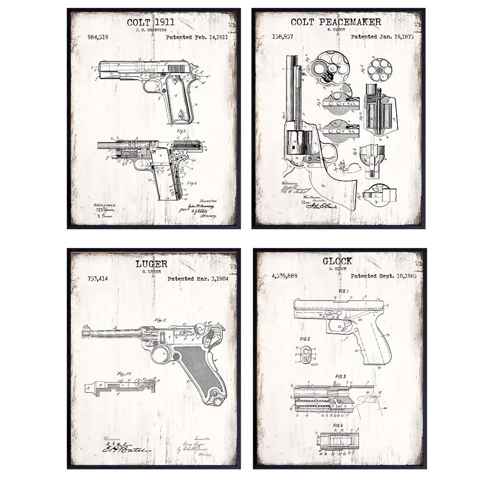 Handgun Patent Art Print Set - 8x10 Photos, Vintage Firearm Wall Art Posters - Home Decor for Living Room, Office, Man Cave - Gift for Hand Gun, Pistol, Revolver, 2nd Amendment, NRA Fan