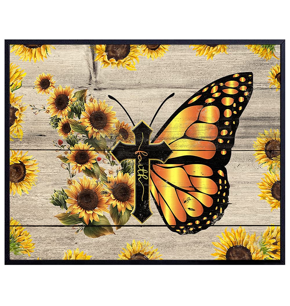 Cross Wall Decor - Faith Wall Decor - God Wall Decor - Religious Gifts for Women - Spiritual Christian Wall Decor - Sunflower Butterflies Wall Decor - Rustic Farmhouse Wall Art - Country Home Decor