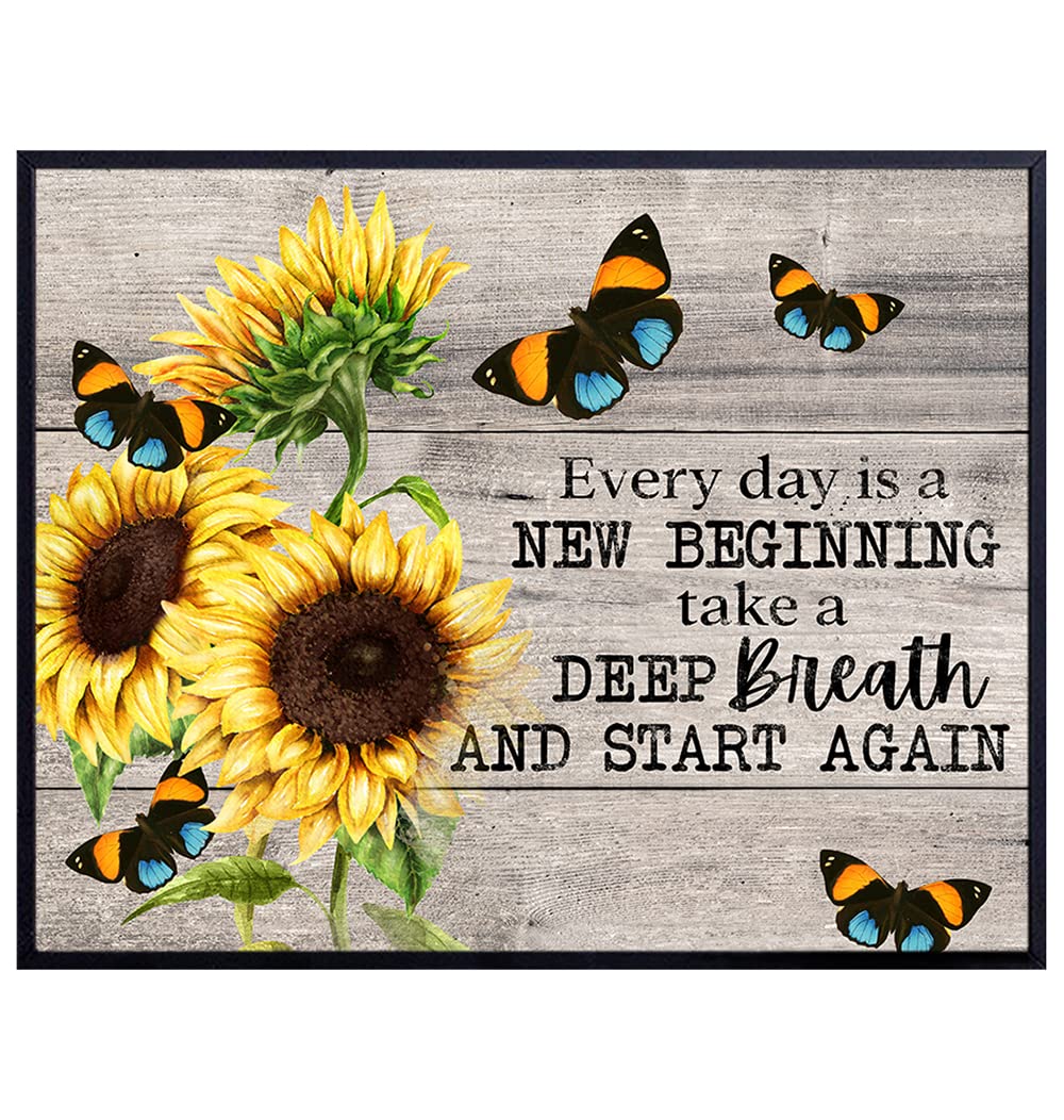 Inspiration Saying Motivational poster 11x14 - Positive Quotes Wall Decor - Family Wall Art decoration - Encouragement Gift for Women - Rustic Shabby chic Sunflowers Butterflies Wall Art &amp; Decor