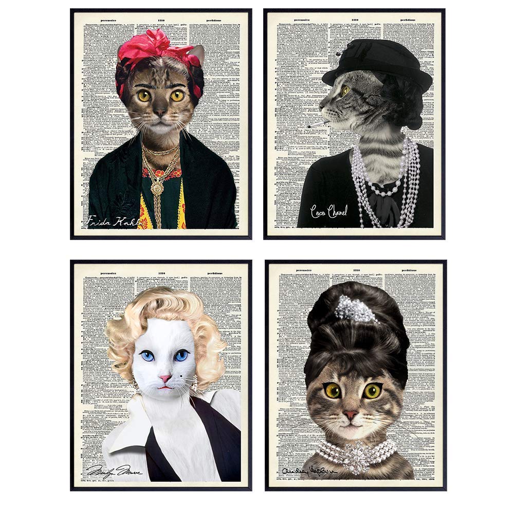 Cat Wall Decor, Cat Wall Art Set - 8x10 Cat Poster, Print, Picture Set of 4- Cat Lover Gift for Men, Women, Kids - Veterinarian Gift, Office Decor - Audrey Hepburn, Marilyn Monroe, Coco