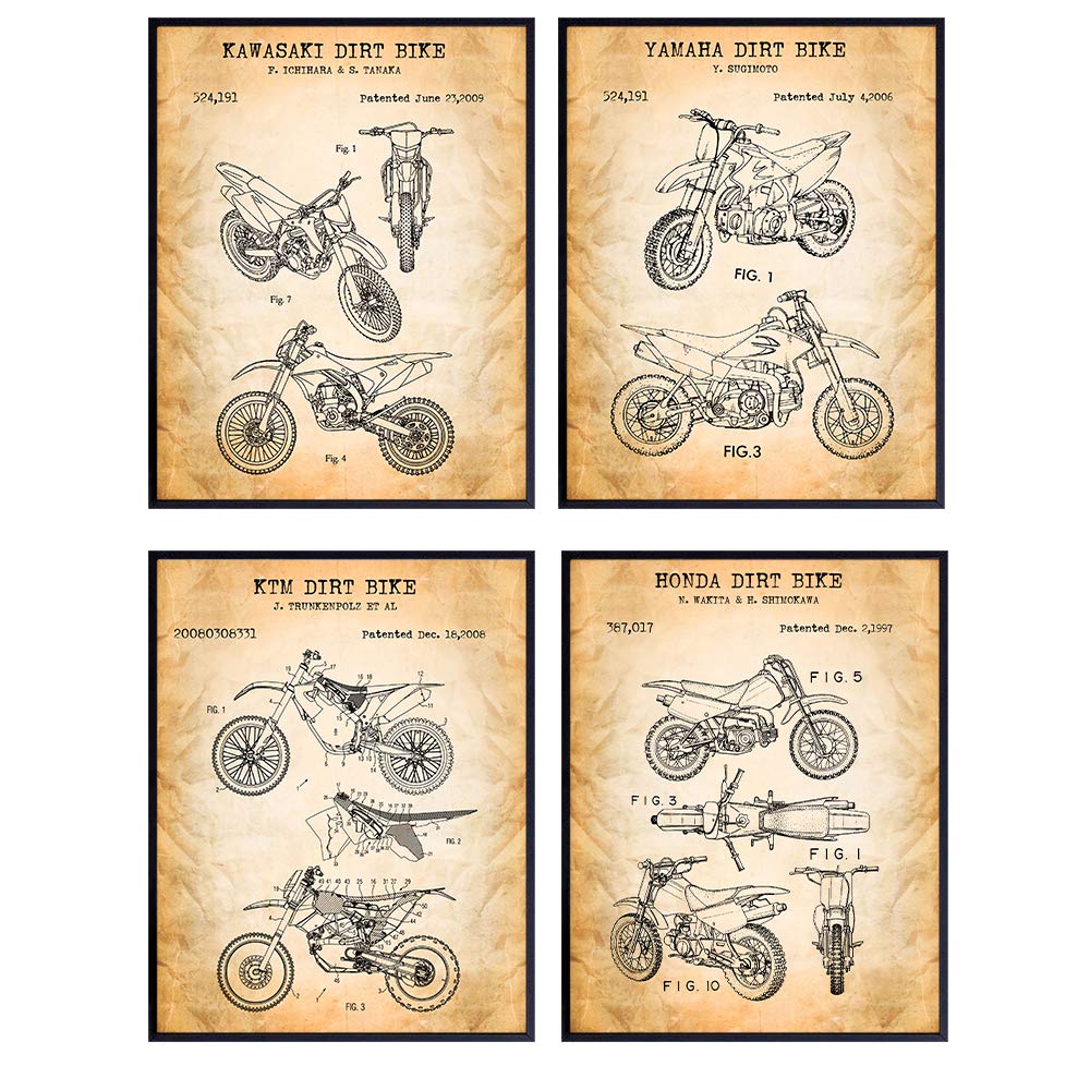 Motorcycle Dirt Bike Patent Art Prints - Vintage Wall Art Poster Set - Chic Rustic Home Decor for Man Cave, Boys, Kids, Teens Room, Office, Garage, Den - Gift for Dirtbike Fans - 8x10 Photo - Unframed