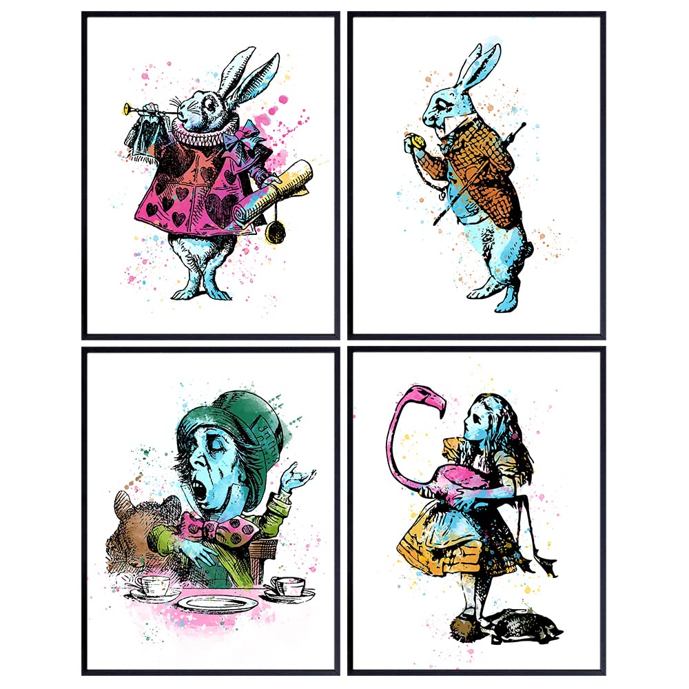 Alice Wonderland, Mad Hatter, Cheshire Cat, White Rabbit Watercolor Wall Art Print Set - Home Decor for Girls or Kids Room, Bedroom, Bathroom - Great Gift for Walt Fans, 8x10 Photos Unframed