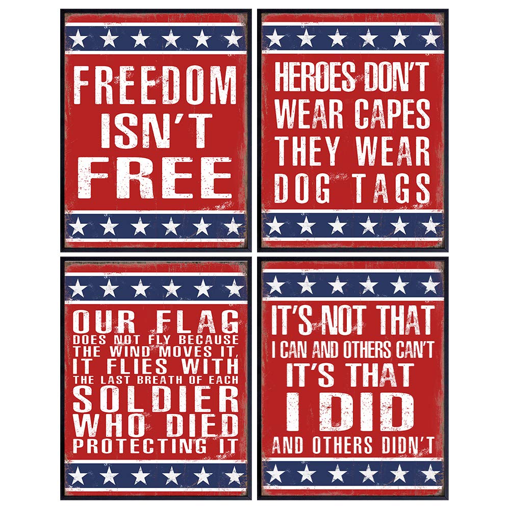 Patriotic Wall Decor Set Prints - American Flag Wall Art - Military Wall Decor - Gift for Veterans, Marine Corps, Army, Air Force, Navy, Coast Guard, Vets, Men, Women - USA Sign Plaque