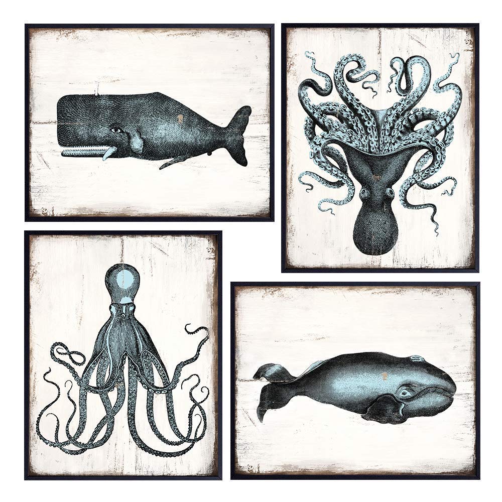 Whales Octopus Decor - Nautical Coastal Ocean Wall Decor for Beach House, Bathroom, Living Room, Bedroom - Vintage Rustic Room Decor, Home Decorations - Gift for Sea Lover - UNFRAMED Photo Poster Set