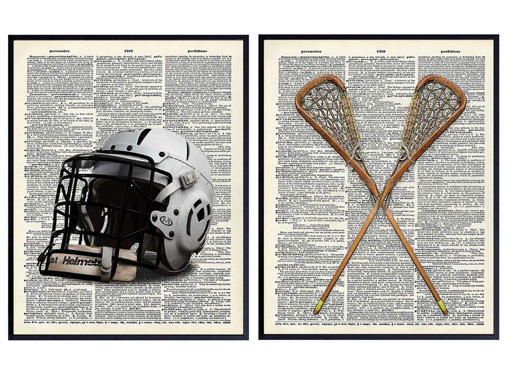 Lacrosse Wall Decor, Lacrosse Poster, Lacrosse Decorations - 8x10 Dictionary Wall Art Photo for Boys Bedroom or Kids Room Decor - Gift for LAX, Sports Fan - Vintage Lacrosse Sticks, Helmet Print