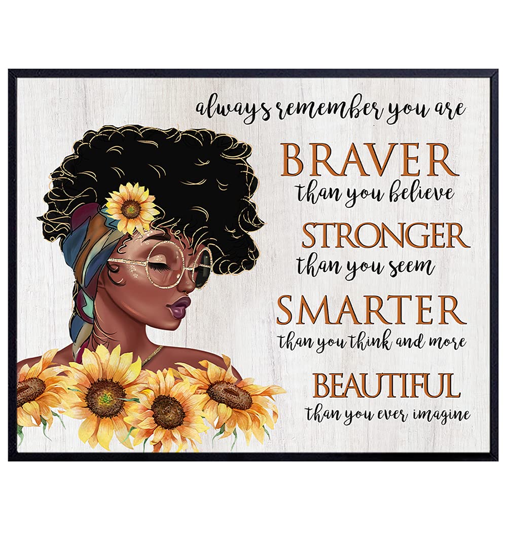 African American Wall Art &amp; Decor - Black Art - African American Women, Girls - Always Remember You Are Braver Than You Believe - Positive Inspirational Quotes - Encouragement Gifts - Boho Sunflower