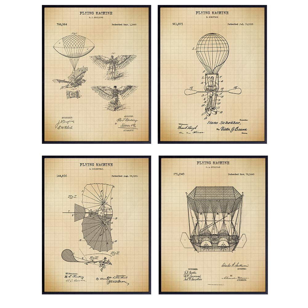 Antique Early Aviation Patent Art Prints - Vintage Steampunk Wall Art Poster Set - Chic Rustic Home Decor for Living Room, Office, Man Cave, Den - Gift for Pilots, Hot Air Balloon Fans - 8x10 Unframed