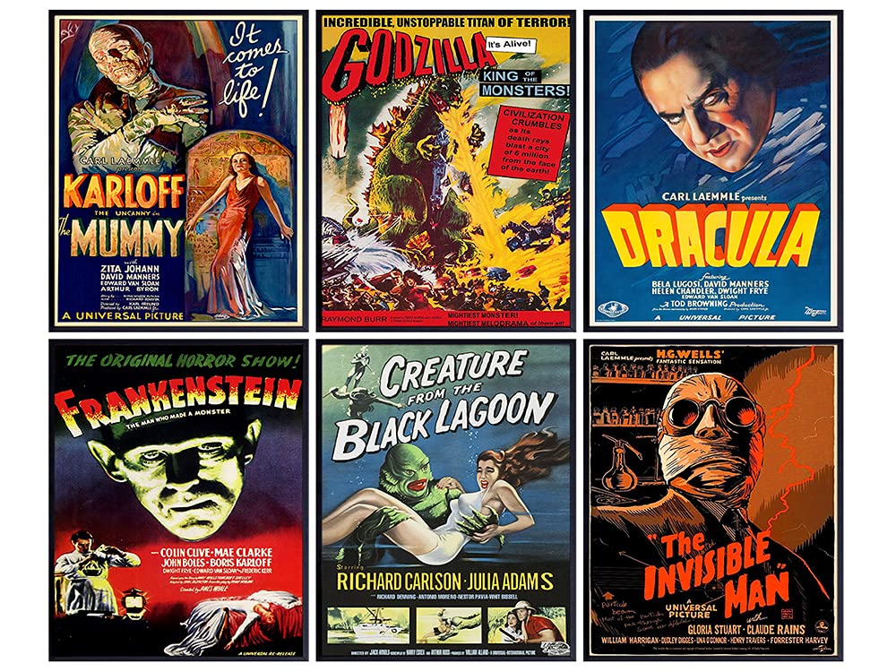 Godzilla, Dracula, The invisible Man, The Mummy, Frankenstein Wall Art &amp; Decor - Vintage Horror Monster Movie Posters - Home Theater Set - Classic Scary Movie - Man Cave, Boys Bedroom, Teens Room