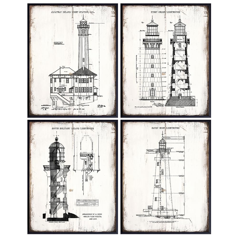 Lighthouse Wall Art Patent Prints 11x14 - nautical Decor - Vintage Rustic Coastal Wall Decor - Shabby chic Beach Home, Living Room, Bedroom Decor - Light House Gifts - Ocean Wall Decor, Sea Wall Art