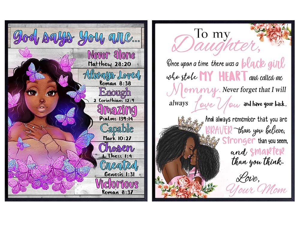 Religious African American Wall Art - Mother Daughter - God Says You Are - Christian Wall Decor - Tween Girls Bedroom Decor - Teen Girls, Black queen Room Decor - Black Girl Magic - Inspirational Art