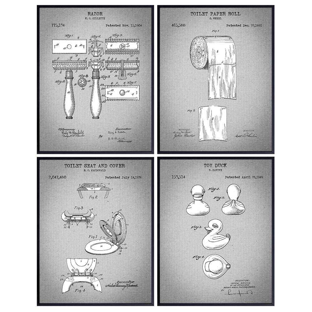 Bathroom Patent Prints - Vintage Retro Wall Art Poster Set - Chic Contemporary Home Decor for Bath - Great Gag or Housewarming Gift - 8x10 Photo - Unframed - Grey