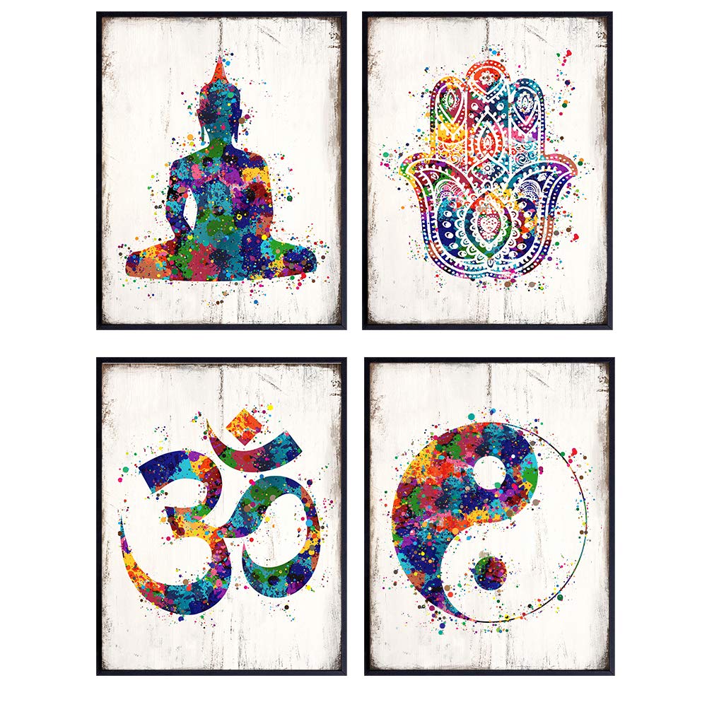 Zen Meditation Buddhist Wall Art Prints - 8x10 Spiritual Buddha, Yin Yang, Om, Hamsa Fatima Hand Photo Poster Set- Chic Room or Home Decor - Unique Gift For Yoga Fans - Unframed Pictures