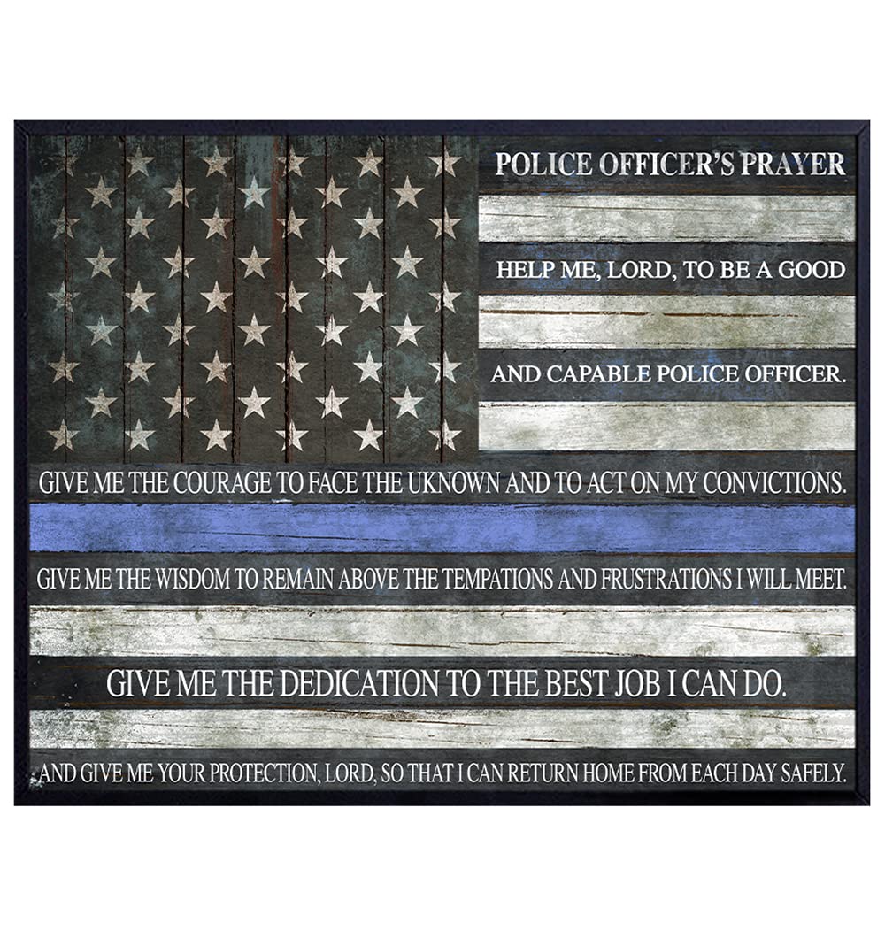 Police Officer Prayer Thin Blue Line Flag Typography Art Print, Wall Art Poster - Unique Home Decor for Office, Den - Gift for Cops, First Responders, Law Enforcement - 8x10 Photo Unframed