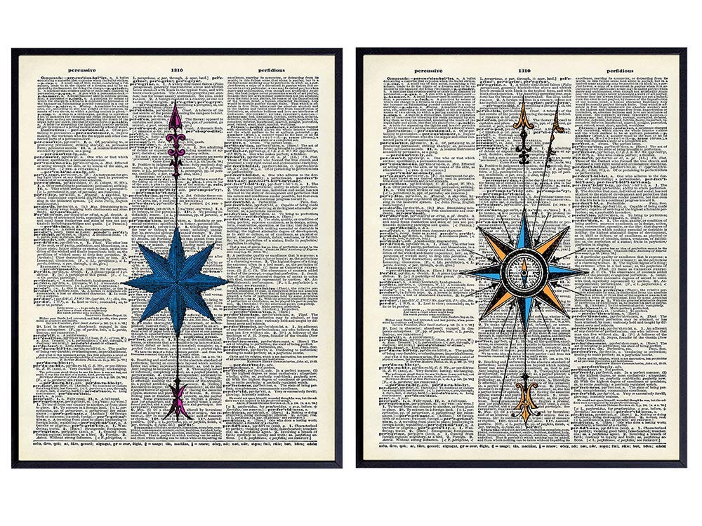 Compass Wall Decor - Vintage Nautical Wall Art Poster Set - Coastal Beach Ocean Home Decor for Lake House, Office, Den, Bedroom - Gift for Men, Sailors and Boat Owners - 8x10 Compass Photo Prints
