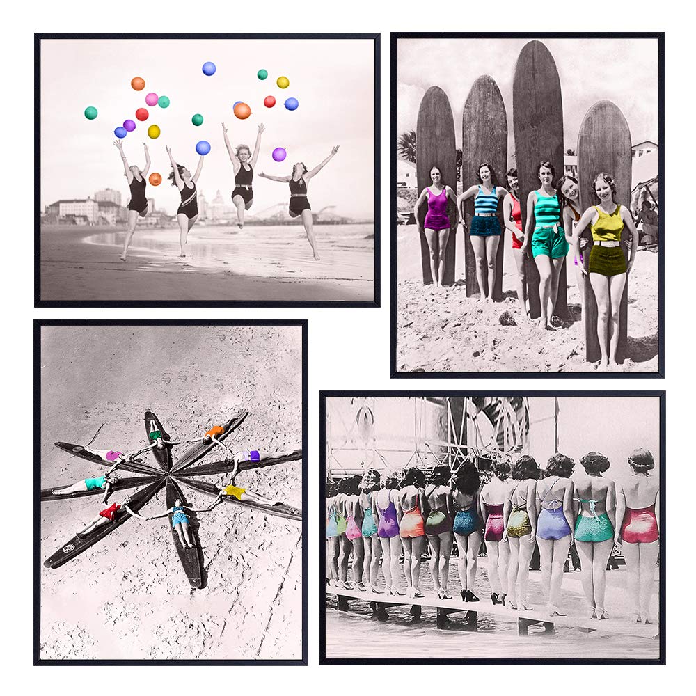 Coastal Ocean Wall Decor - Beach House Themed Art For Bathroom, Living Room, Sea Home, Bedroom - Vintage Nautical Summer Photo Picture Set - Tropical Decorations or Gift for Women, Surfing Fans