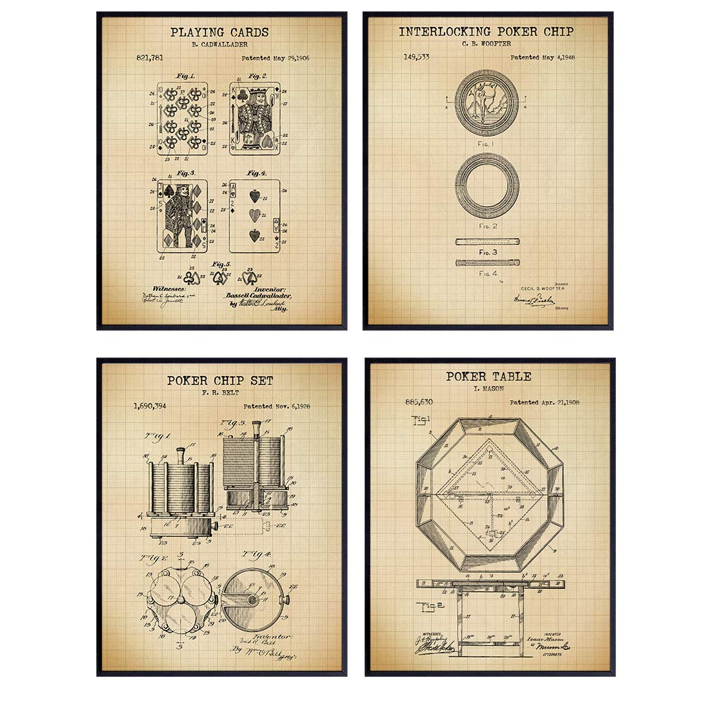 Poker Patent Wall Art Prints - Set of Four (8X10) Vintage Unframed Photos - Perfect Gift For Poker and Card Players, Cool Man Cave Home Decor