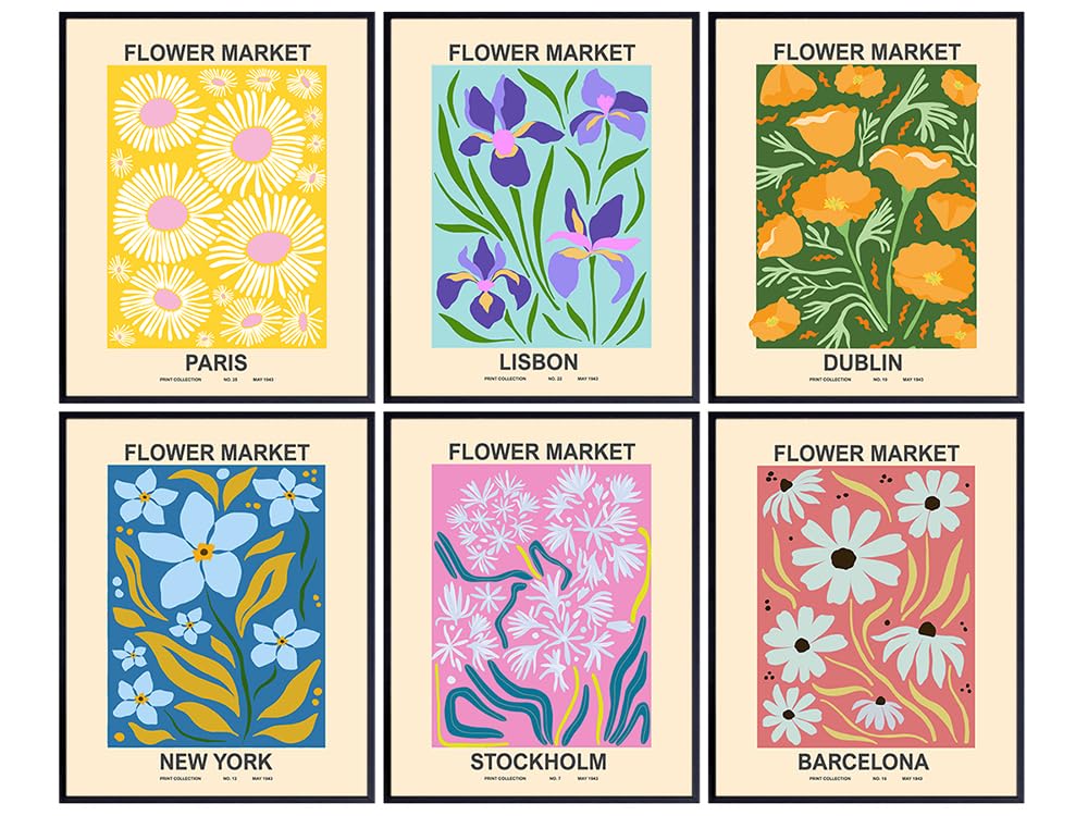 Mid-century Modern Decor 11x14 - Minimalist Abstract Wall Art - Museum Poster Set - Trendy Eclectic Living Room Decor - Matisse Style Gallery Collage Wall Art - Flower Market Aesthetic Danish Pastel