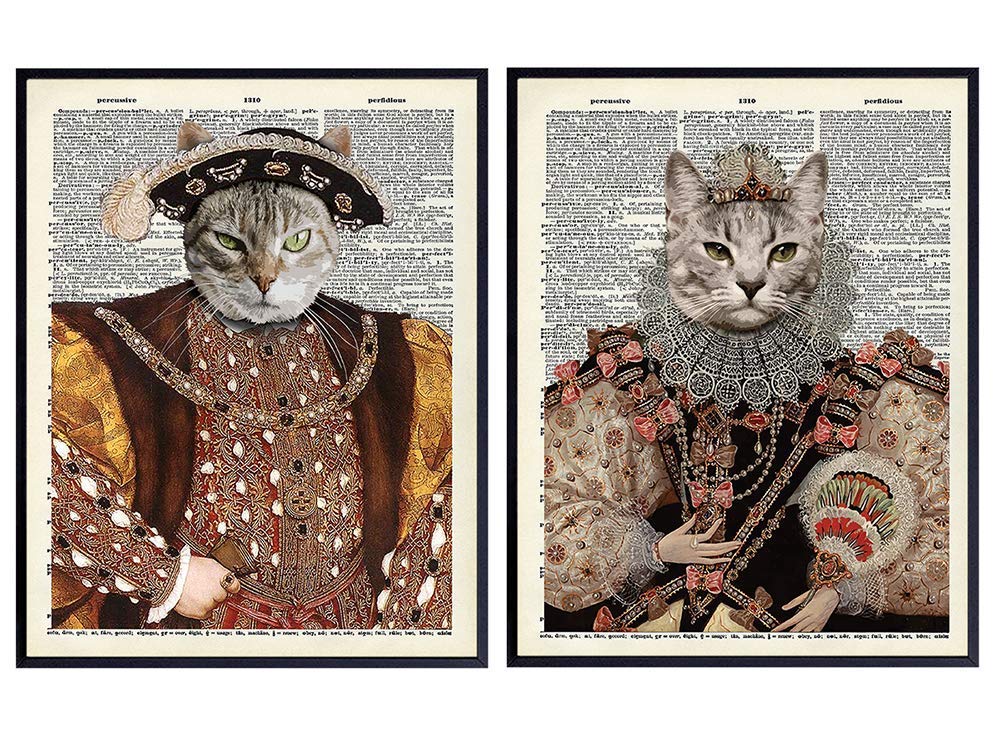 Cat Wall Decor - Cat Wall Art Set - Funny Home Decor Prints for Bedroom, Den, Living Room, Kids Room, Office - Gift for Kitty, Kitten, Renaissance, Cat Lovers - 8x10 Vintage Dictionary Art Photos