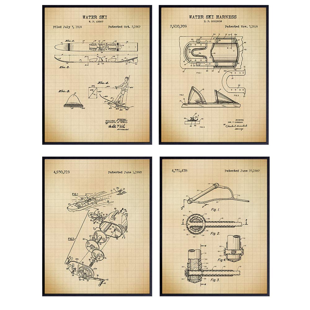 Waterski Wall Art Patent Prints Set - Great Home Decor for Beach or Lake House, Man Cave, Den, Bedroom or Bathroom - Perfect Gift for Water Skiers and Extreme Sports Fans- 8x10 Photos - Unframed