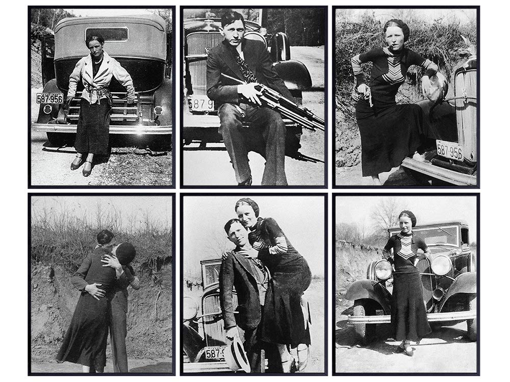 Bonnie and Clyde Poster Set - 8x10 Vintage Photos Wall Decor - Historic Outlaw, Bank Robber, Gangster Art for Bar, Man Cave, Bedroom, Living Room - Gift for Men, Wild West Prohibition History Fans